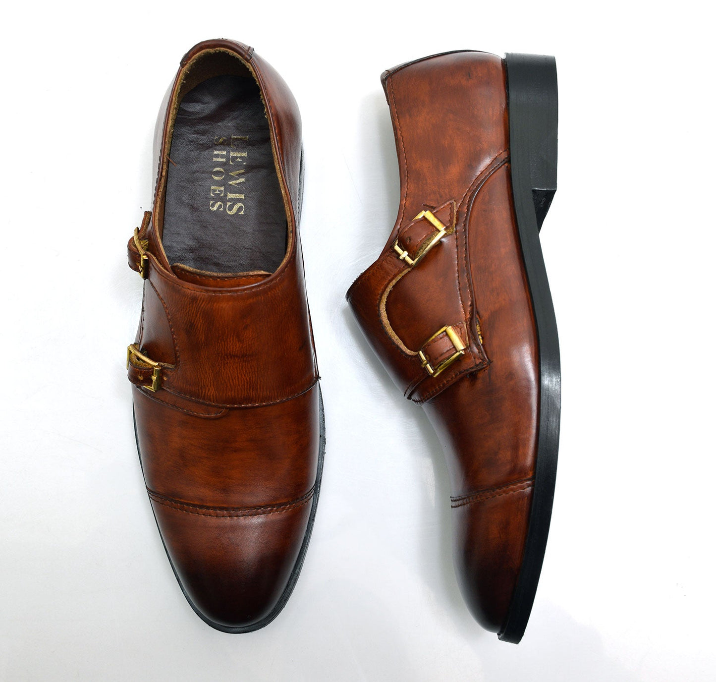 Double Monk Strap Cap-Toe Leather Shoes