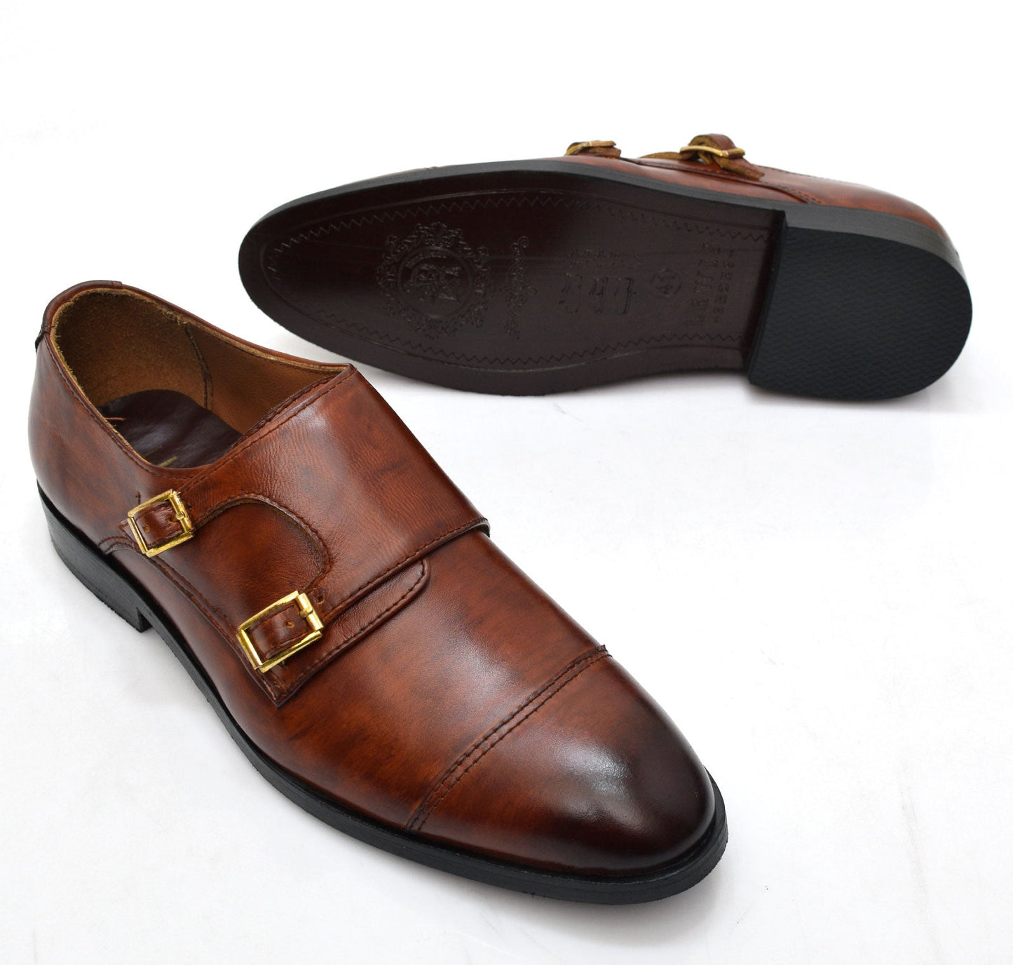 Double Monk Strap Cap-Toe Leather Shoes