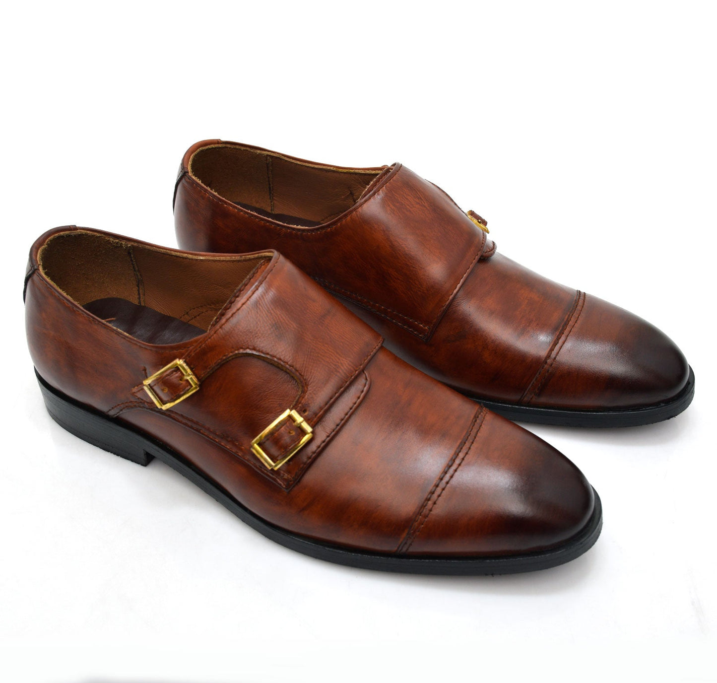 Double Monk Strap Cap-Toe Leather Shoes