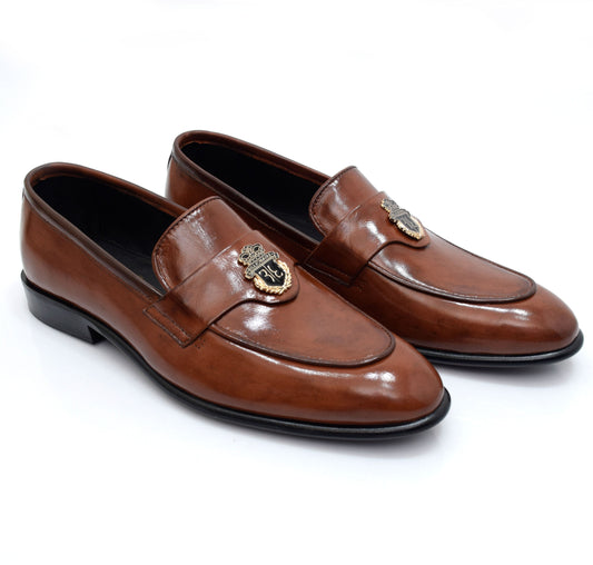 Brown Leather Loafers with Emblem